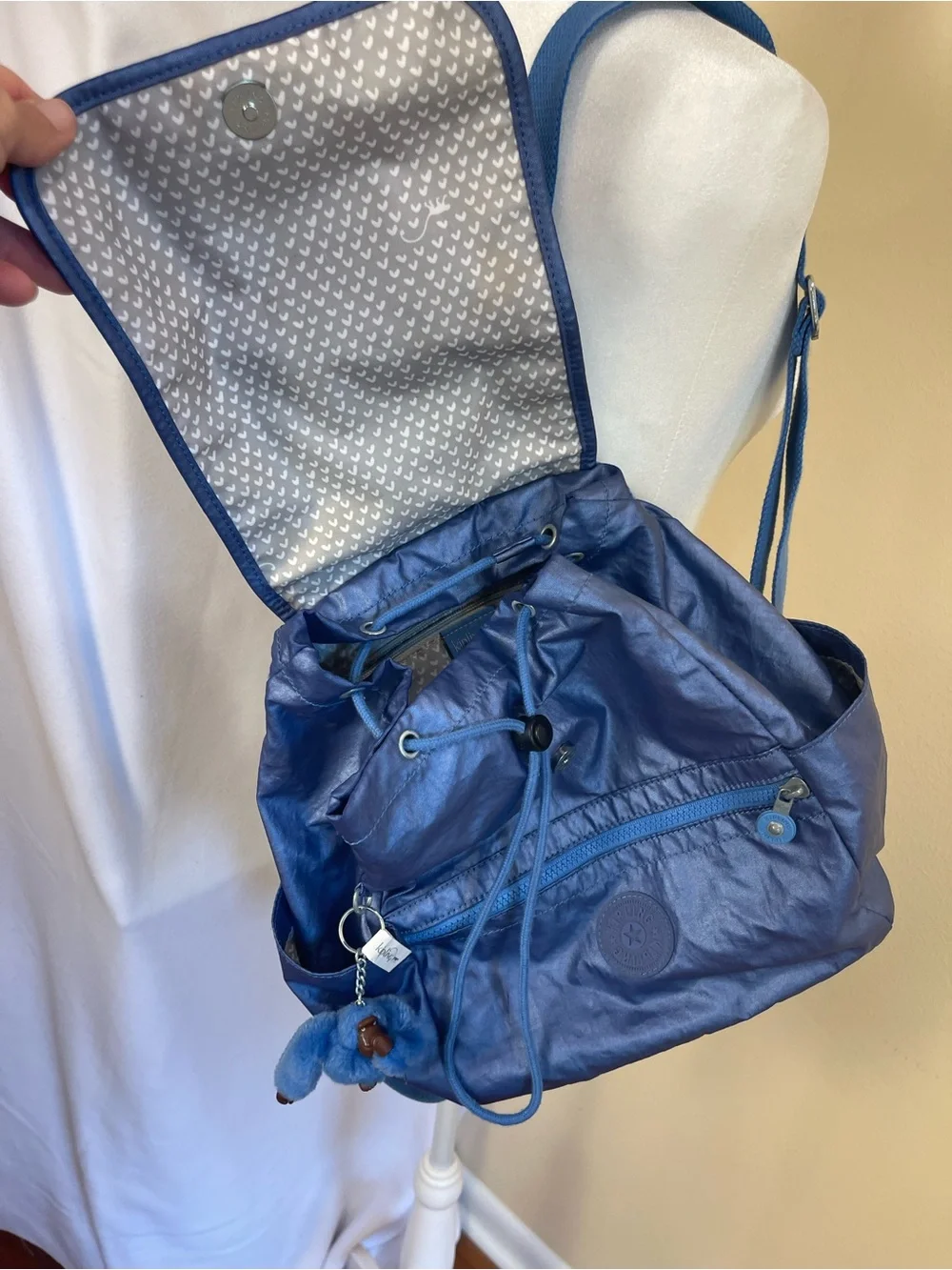 Kipling City Pack Metallic Blue Backpack Small Slouchy Y2K Monkey Charm Nylon